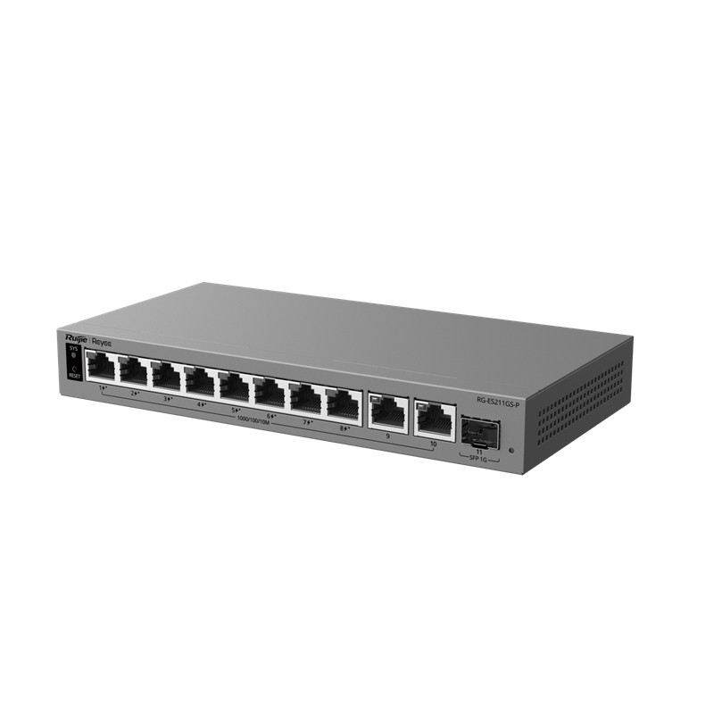 NS106REY0002_78994 RUIJIE REYEE RG-ES211GS-P 8 PORT GİGABİT+ 2XGE + 1XGB SFP UPLİNK 120W POE YÖNETİLEBİLİR SWITCH - Görsel 1