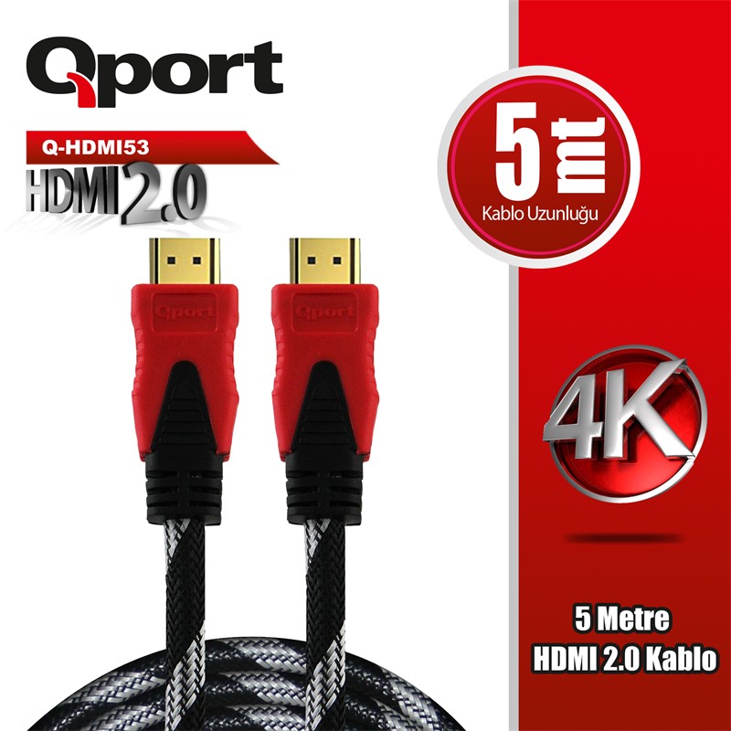 TK140QPT0009_78809 QPORT Q-HDMI53 HDMI 2.0 VERSİYON 4K 60HZ 5 METRE ÖRGÜLÜ KABLO - Görsel 1